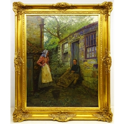 Ernest Higgins Rigg (Staithes Group 1868-1947): Mending the Lobster Pot outside Spout Cottage Runswick Bay, oil on canvas signed 90cm x 70cm