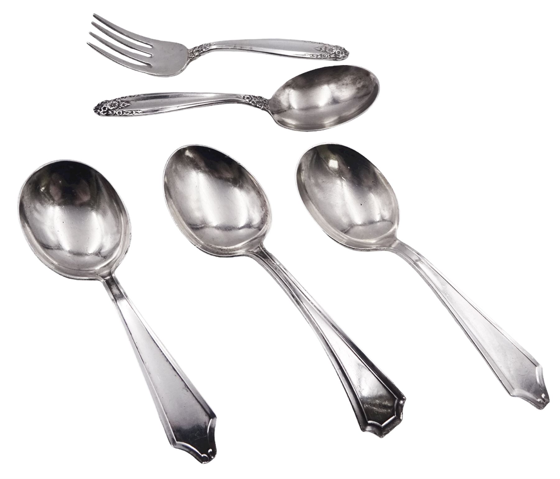 20th century American silver Prelude pattern baby spoon and fork set, with foliate detail to terminals, marked International Sterling Prelude, together with three further 20th century American silver baby spoons, the first example marked Gorham Sterling, and a pair marked International Sterling, approximate total silver weight 3.13 ozt (97.4 grams)
