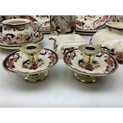 Masons Ironstone Mandalay pattern wares, to include table lamp, pair of candlesticks, clock, pair of vases, footed dish, dinner plates etc (18)