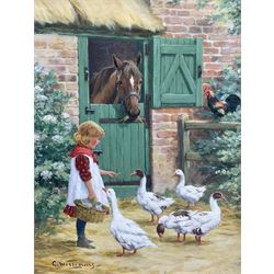 G Williams (British 20th Century): Girl Feeding Geese by a Stable, oil on board signed 20cm x 14cm 