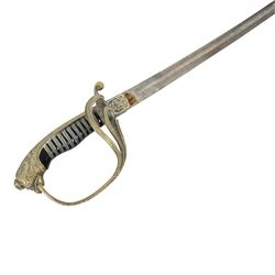 Spanish Dress Sword, 80cm single edge steel blade, etched Fabrica de Toledo, the nickel hilt with pierced guar, wire bound grip and eagle head pommel, with steel scabbard, overall L100cm