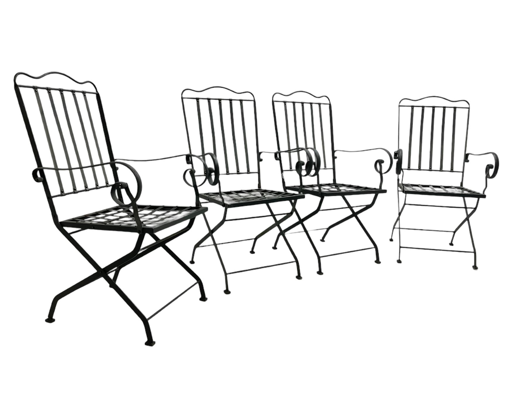 Set of six (4+2) grey finish wrought metal garden chairs, with shaped cresting rail over vertical slat back, latticework seat  - THIS LOT IS TO BE COLLECTED BY APPOINTMENT FROM DUGGLEBY STORAGE, GREAT HILL, EASTFIELD, SCARBOROUGH, YO11 3TX