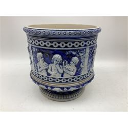 Three jardinières comprising West German Gerz example decorated in relief, Doulton Slaters example with frilled everted rim and a majolica example, and a further two Arthur Wood majolica jugs (5)