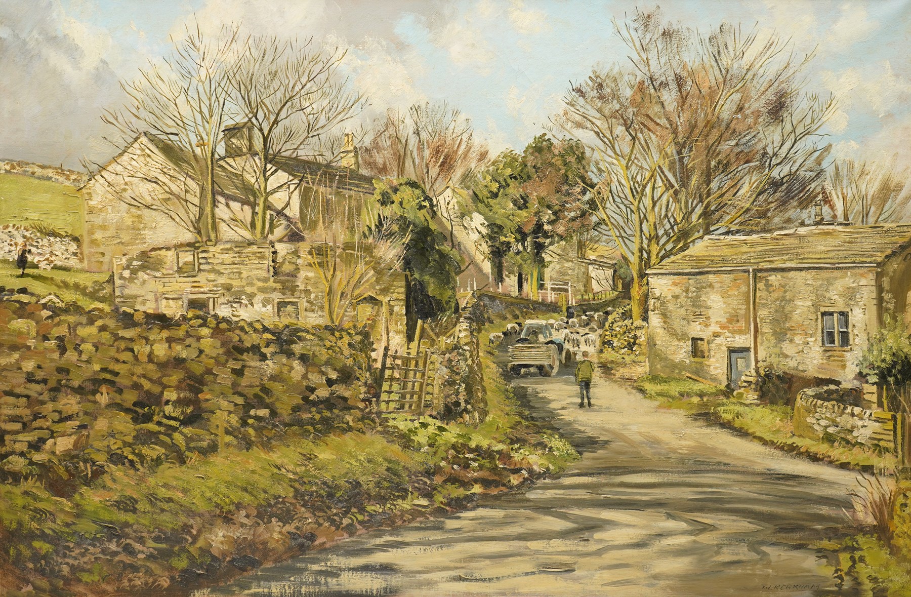 Thomas Leslie Kerkham (Yorkshire 1918-1986): Driving Sheep through a Dales Hamlet, oil on canvas signed 60cm x 90cm