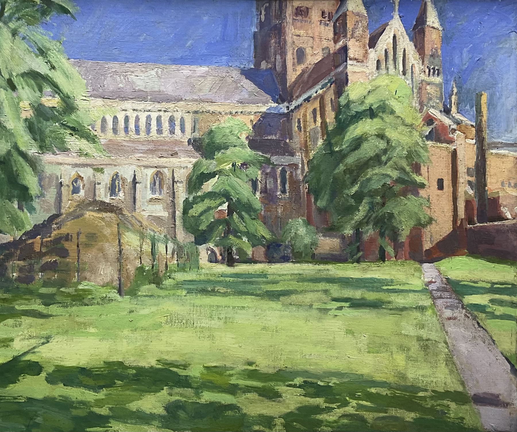Pamela Chard (British 1926-2003): St Alban's Cathedral South Transept, oil on board unsigned 49cm x 59cm Provenance: studio collection of the late William Chard, the artist's husbandNotes: Chard was a British artist and teacher married to fellow artist William Chard (1923-2020). The couple met at the Redfern Gallery in Cork Street, London, and went on to study under several important artists such as Henry Moore, Ceri Richards, and Vivian Pitchforth. They were both active members of 'The Arts Council of Great Britain', and exhibited with the London Group and Drian Gallery.