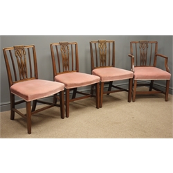  Set four (3+1) early 20th century mahogany dining chairs, foliage carved backs, upholstered seats  