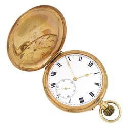 Early 20th century 9ct rose full hunter, keyless lever pocket watch, white enamel dial wit...