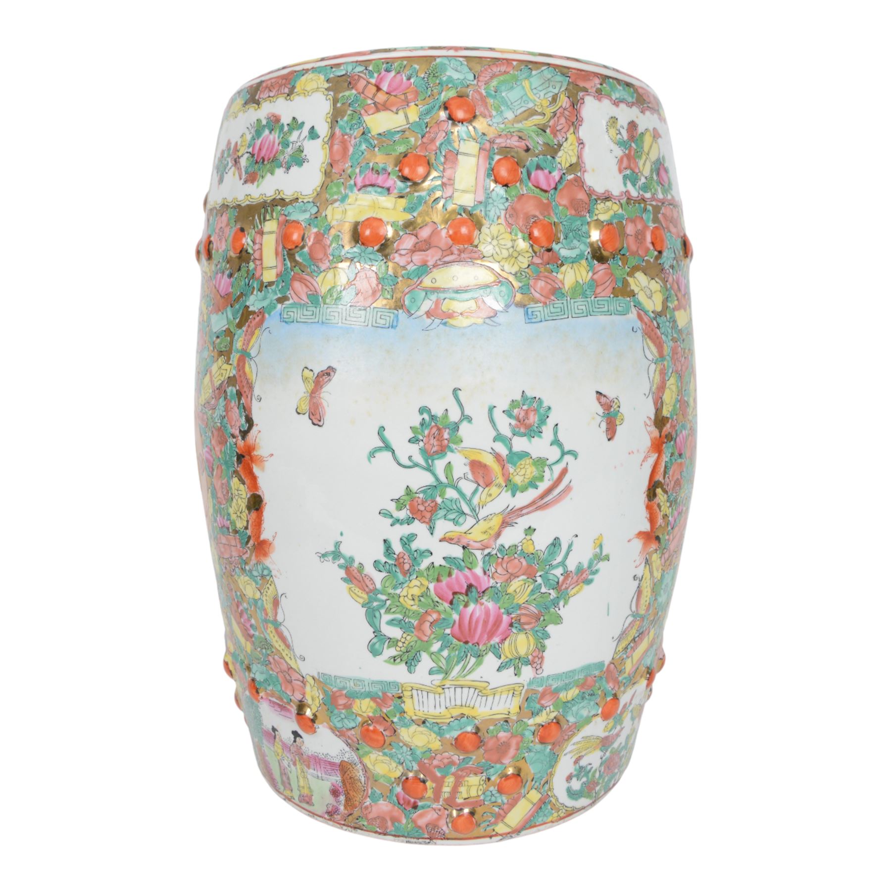  Chinese famille rose canton barrel shaped garden seat decorated with birds amongst foliage, figures and butterflies, H46cm