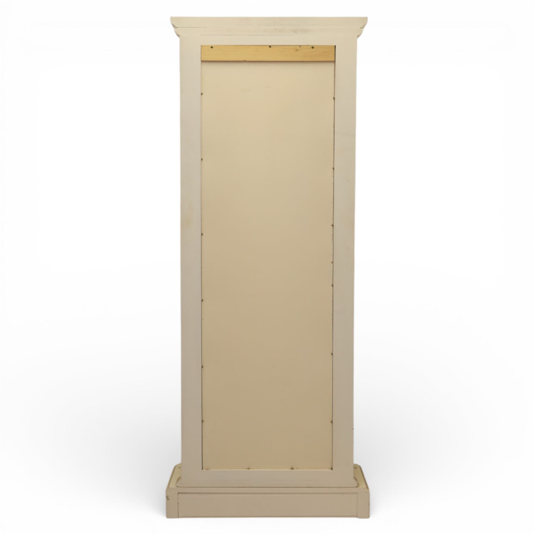 Contemporary French design white painted bedroom suite retailed by Barkers of Northallerton, comprising wide chest fitted with four short and four long drawers with oval brass handles (H 70cm, W 159cm, D 46cm), pair of bedside chests each fitted with three drawers (H 62cm, W 40cm, D 46cm), dressing table fitted with four short drawers and central kneehole with shaped apron (H 79cm, W 131cm, D 46cm) with matching framed wall mounted mirror (H 100cm, W 113cm), and full length standing mirror (H 175cm, W 73cm)