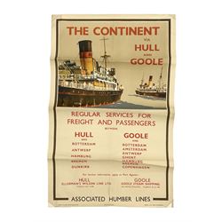 After Allanson Hick, Associated Humber Lines poster 'The Continent via Hull & Goole' published by the Railway Executive (Eastern Region) depicting two steam vessels at sea 101 x 63cm; unframed, folded and rolled
