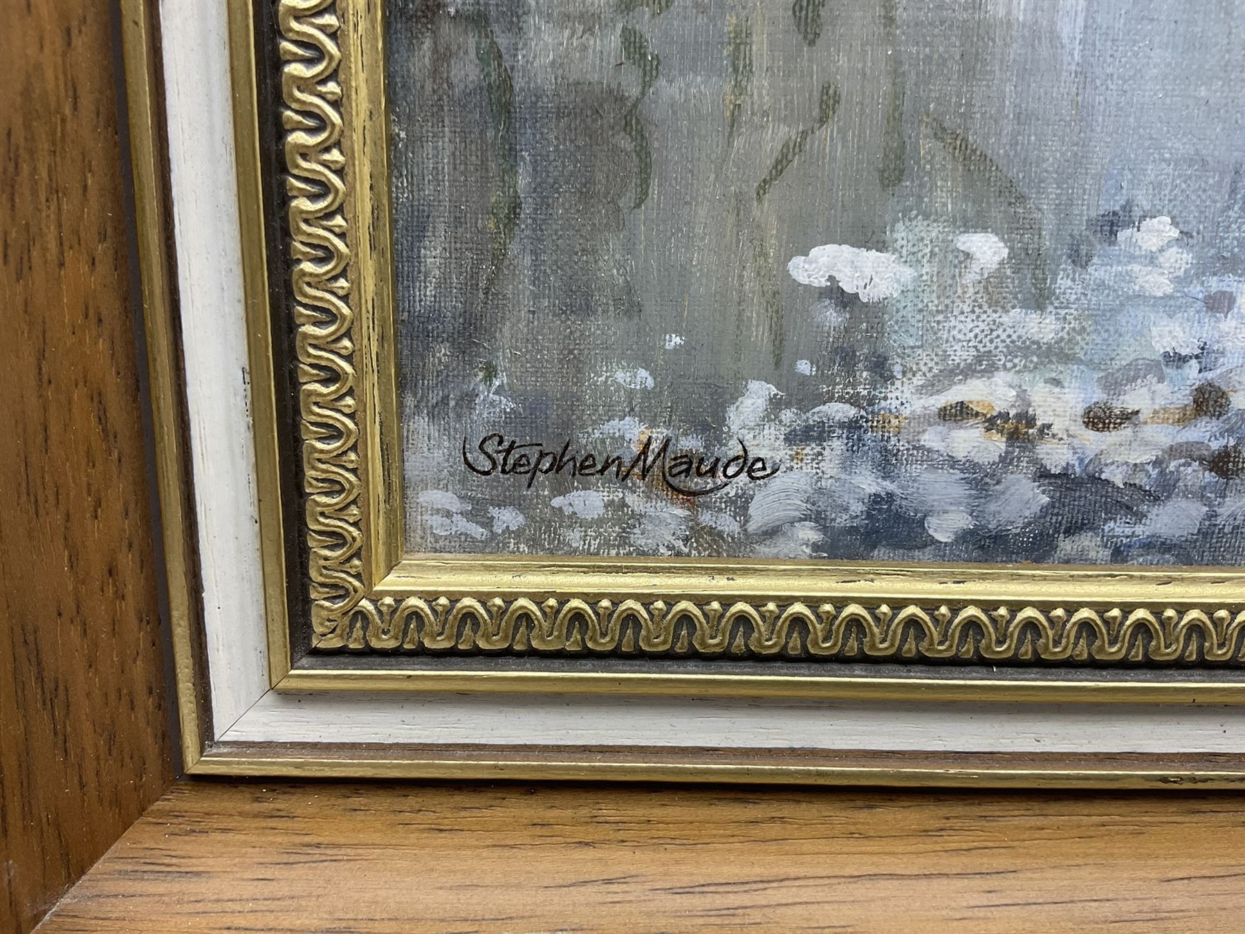 Stephen Maude (British 1919-): 'Barden Bridge Wharfedale in Winter', acrylic on canvas board signed, titled signed and dated 1983, 42cm x 67cm