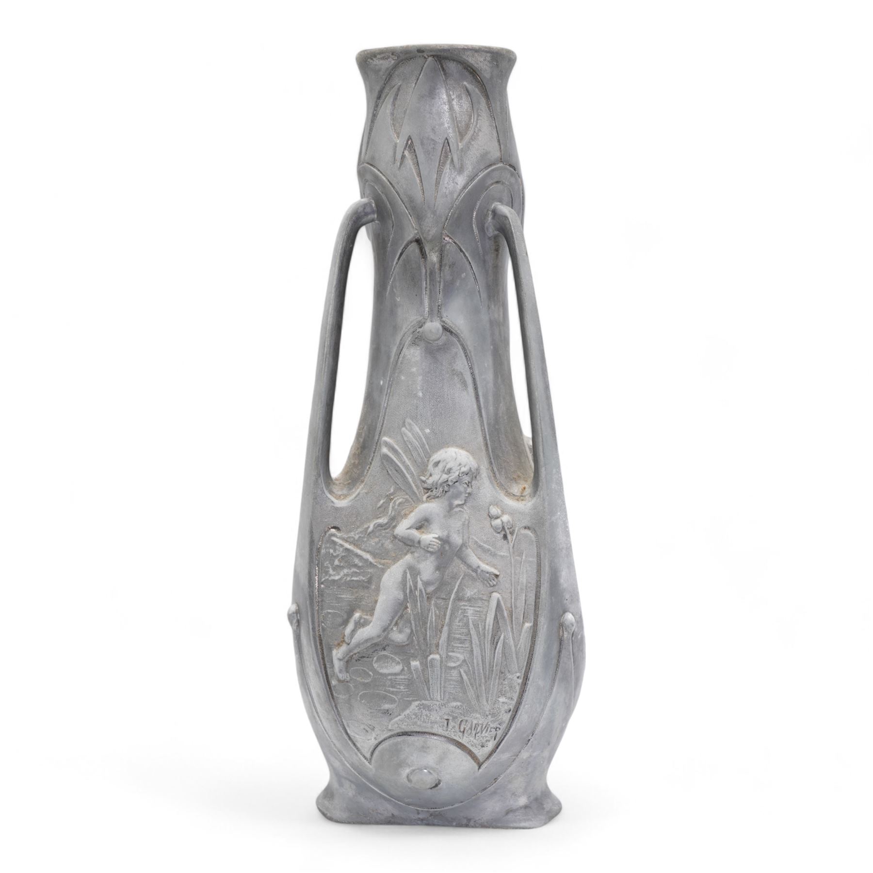 Jean Garnier (French 1853-1910): Pair of Art Nouveau cast metal vases, possibly spelter, of three handled form, cast in relief with panels of fairies, signed J. Garnier, H38cm 