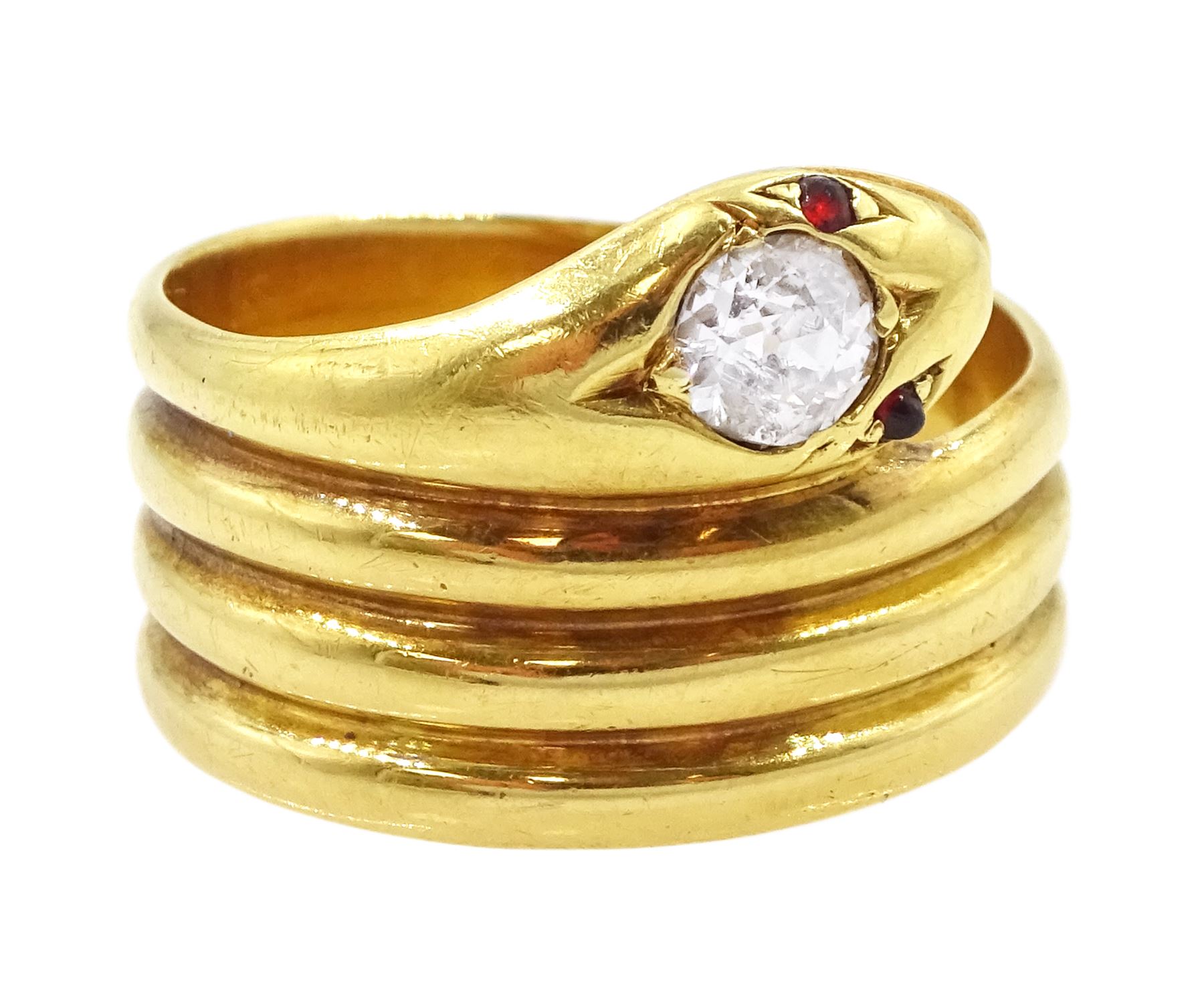 Victorian 18ct gold coiled snake ring, the head set with a single stone diamond and stone set eyes, makers mark EB, London 1886, diamond approx 0.35 carat