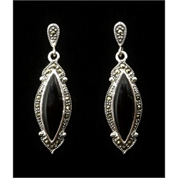  Pair of black onyx and marcasite silver pendant ear-rings stamped 925  