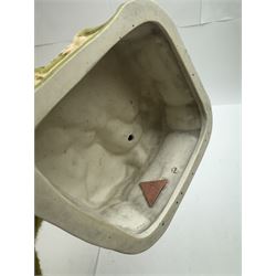 Pair of Royal Dux figures, no. 1115, modelled as a shepherd with a goat by his side and a shepherdess feeding a lamb, each wearing flowing green and pink robes with gilt detailing, with pink triangle mark beneath, H51cm