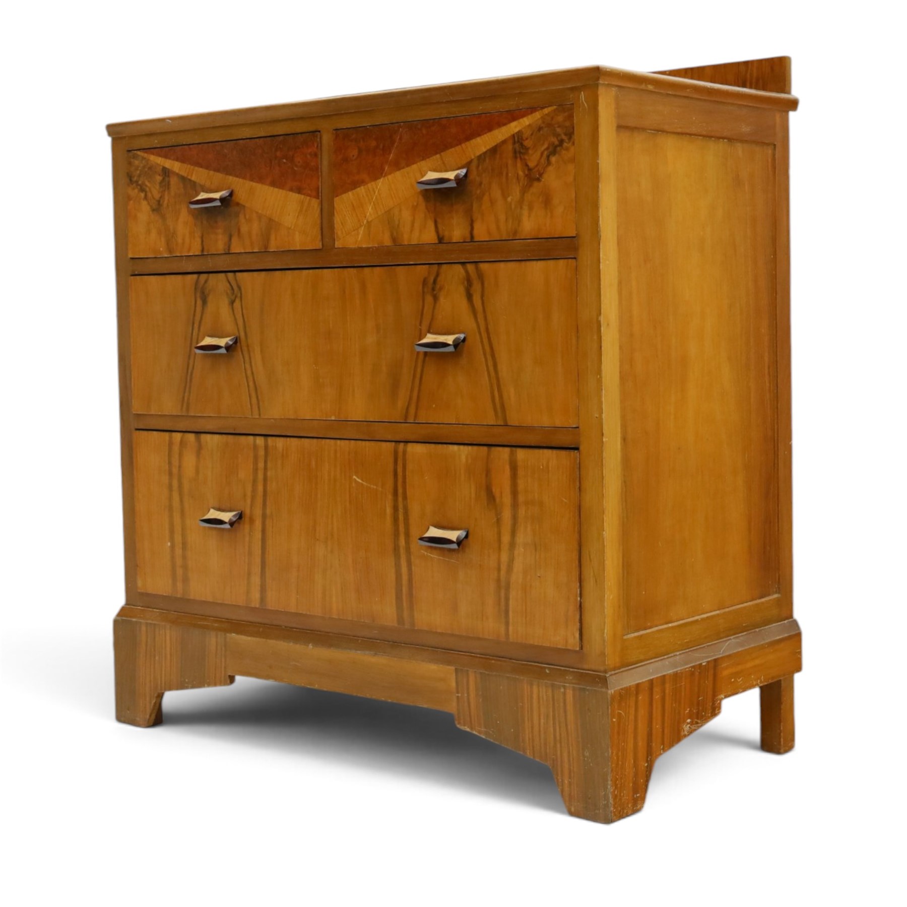 Art Deco figured and burr walnut chest, raised back over rectangular top, fitted with two short over two long drawers with decorative veneer and handles, on shaped bracket feet
