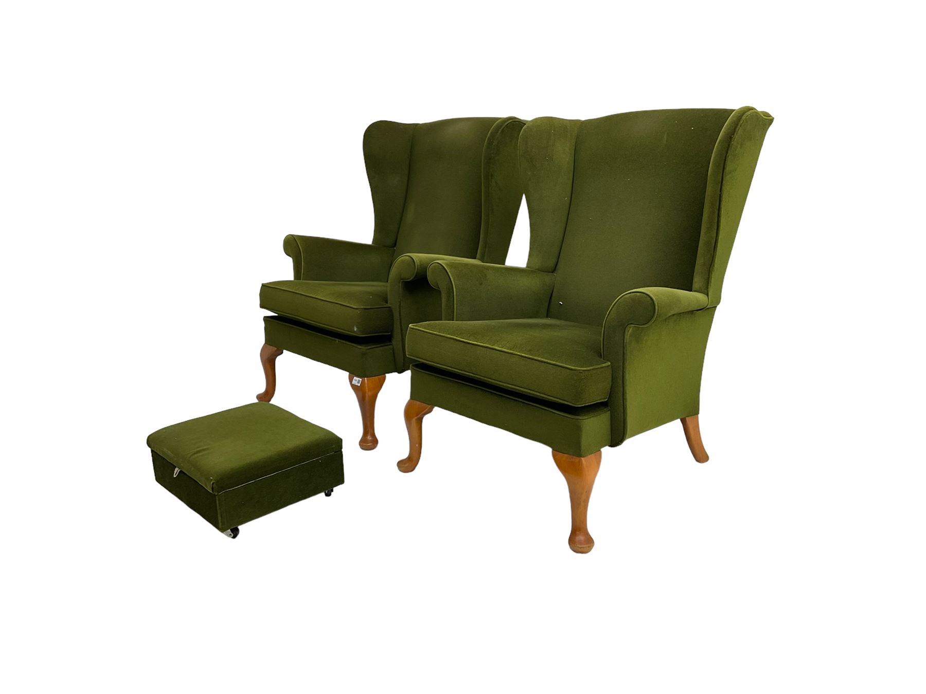 Parker Knoll - pair  vintage 'Penhurst' wingback armchairs, upholstered in olive green fabric on cabriole front supports