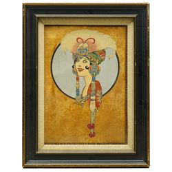 René Bull (Irish 1872-1942): Art Deco Portrait of a Flapper-Girl in Elaborate Headdress, mixed media on velum signed 30cm x 21cm
