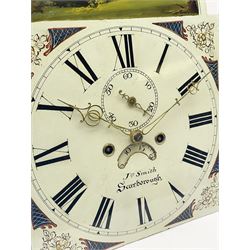 Early 19th century clock dial and movement, the enamel Roman dial painted with hunting scene, subsidiary seconds dial and calendar aperture, signed 'Jno (John) Smith, Scarborough', eight day movement striking on bell, with two weights and pendulum 