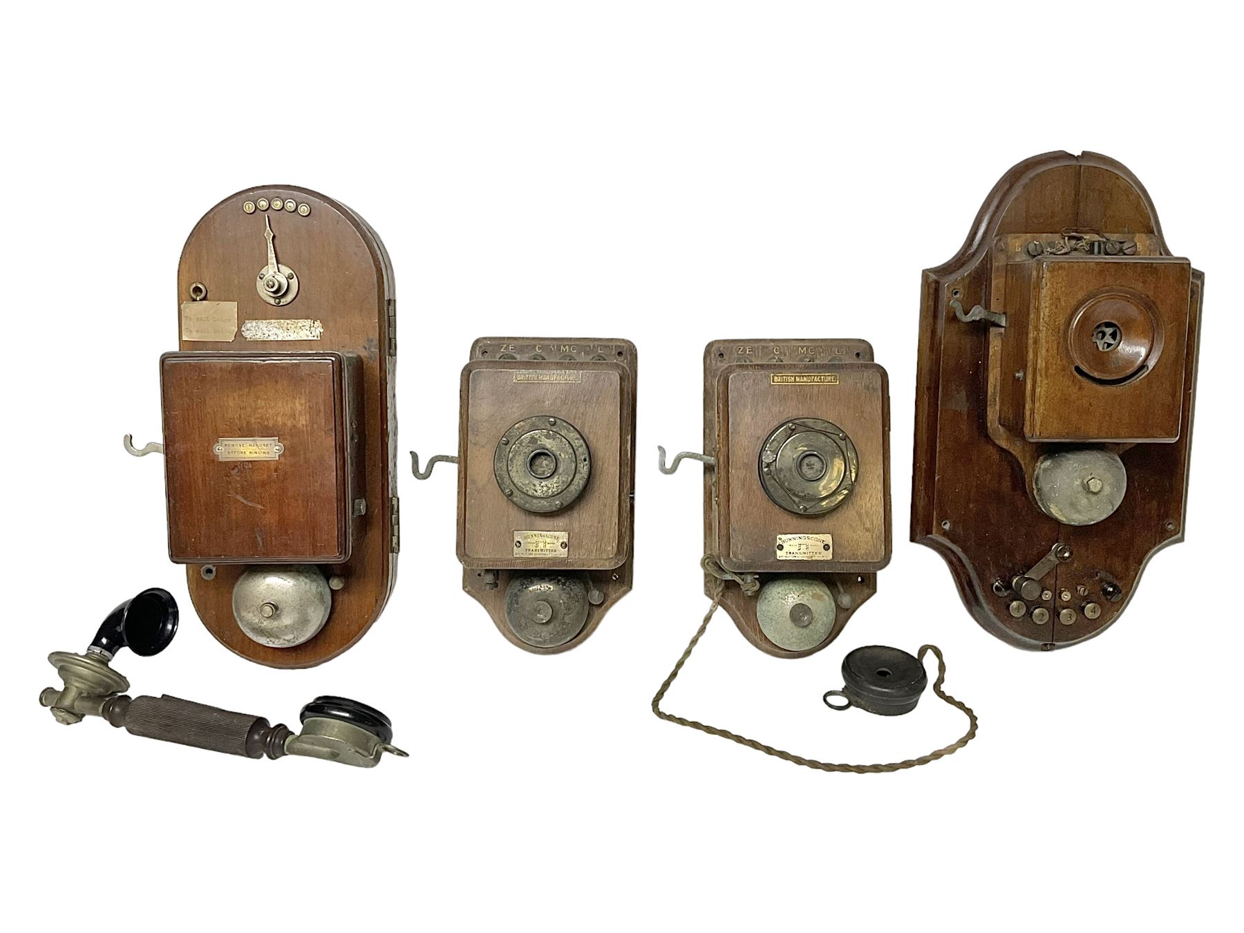 Two Hunningscone patent wall mounting telephones in walnut casing, together with Sterling Telephone & Electric Co. Ltd early wall-mounted telephone 'Primax' and one other 