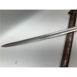 Early 20th century Household Cavalry Trooper's sword, with plain 87cm steel slightly curving fullered blade with crows foot and other marks to ricasso area, plated pierced half-basket hilt with intertwined HC initials below king's crown and twisted wire-bound fish-skin grip; in steel scabbard with one suspension rings L107cm overall