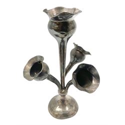 Art Nouveau silver four branch epergne of tulip form, the spill vases with crimped rims raised upon circular spreading base, hallmarked Birmingham 1919, makers mark J.C. Ltd (John Charles Lowe), approximate weight 2.42 ozt (75.2 grams), H17.5cm