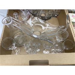 Four pieces of art glass, including twin handled basket bowl, etched glasses and matching decanter and a collection of other ceramics and glassware, in three boxes