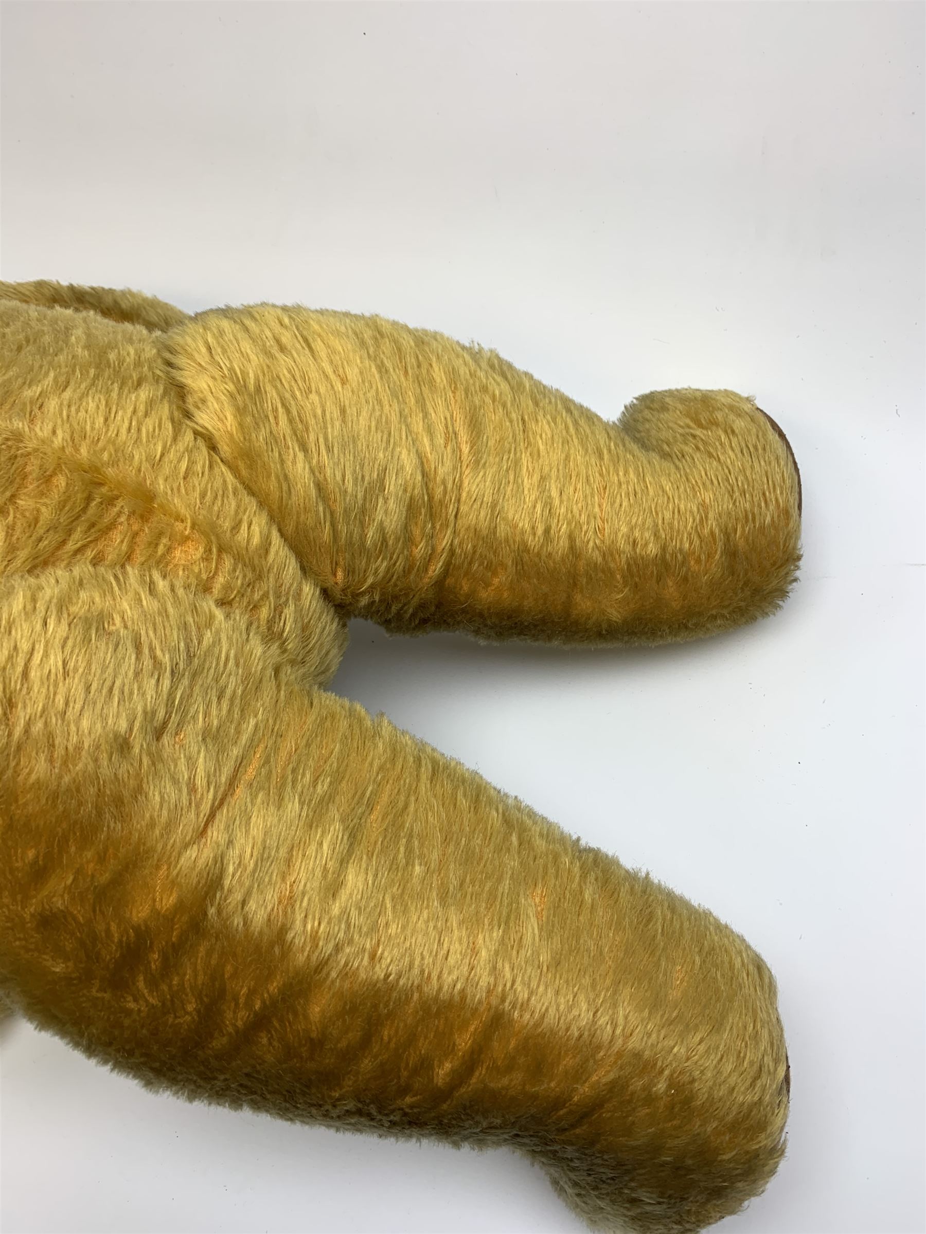 Very large Irish Tara bear c1950s with plush covered body, swivel jointed head with glass eyes and vertically stitched nose and mouth, jointed limbs with rexine pads and growler mechanism H37