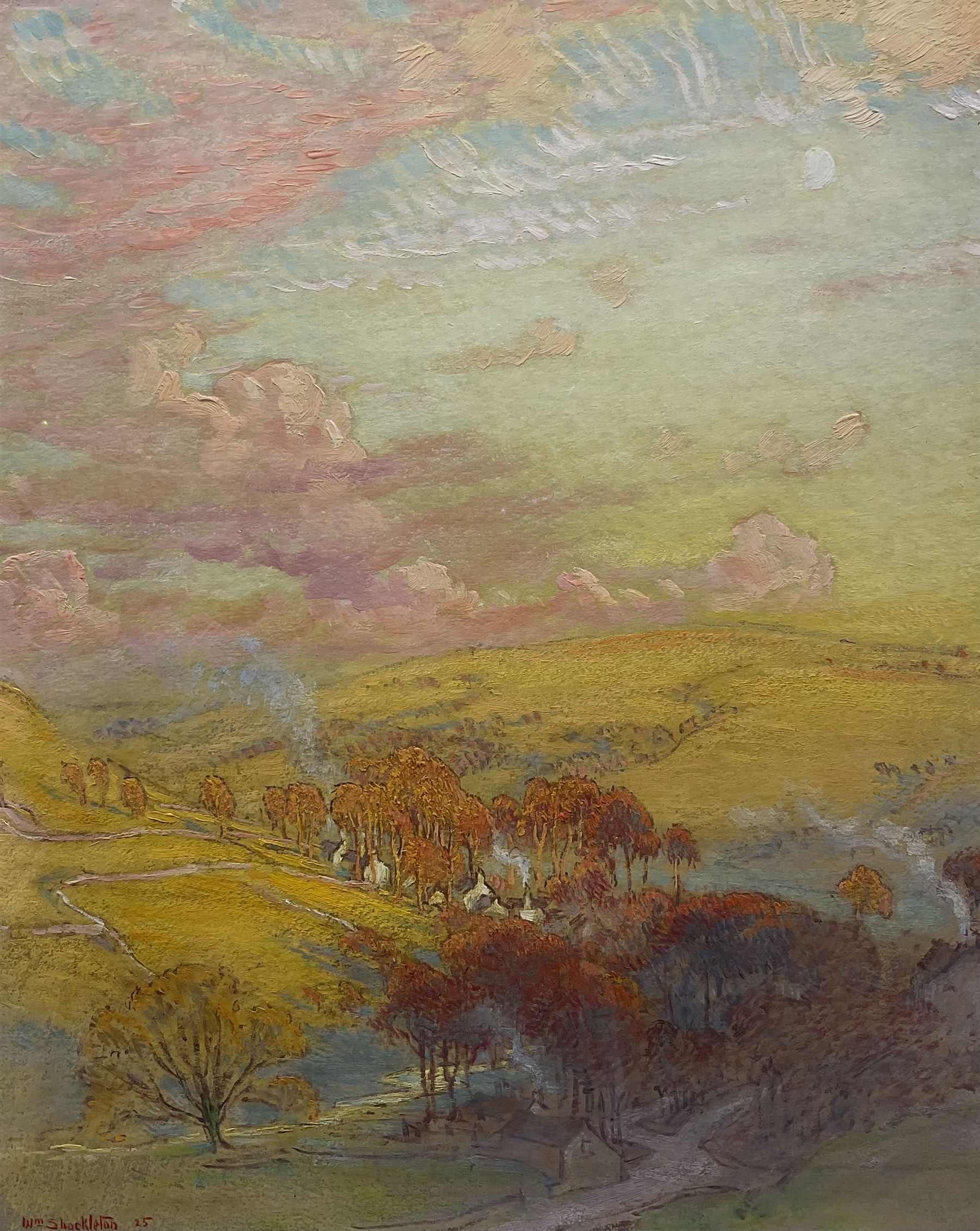 William Shackleton (Bradford 1872-1933): 'The Road into Malham Village', watercolour and pastel signed and dated '25, titled verso 27cm x 22cm 