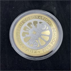 King Charles III 2023 'Coronation Silver Proof Mint Masters Set' comprising Bailiwick of Jersey, Bailiwick of Guernsey and Isle of Man sterling silver proof five pound coins, cased with certificate and Queen Elizabeth II 2019 Bailiwick of Jersey 'Remember With Us' silver two pound and five pound pair, cased with CPM certificate