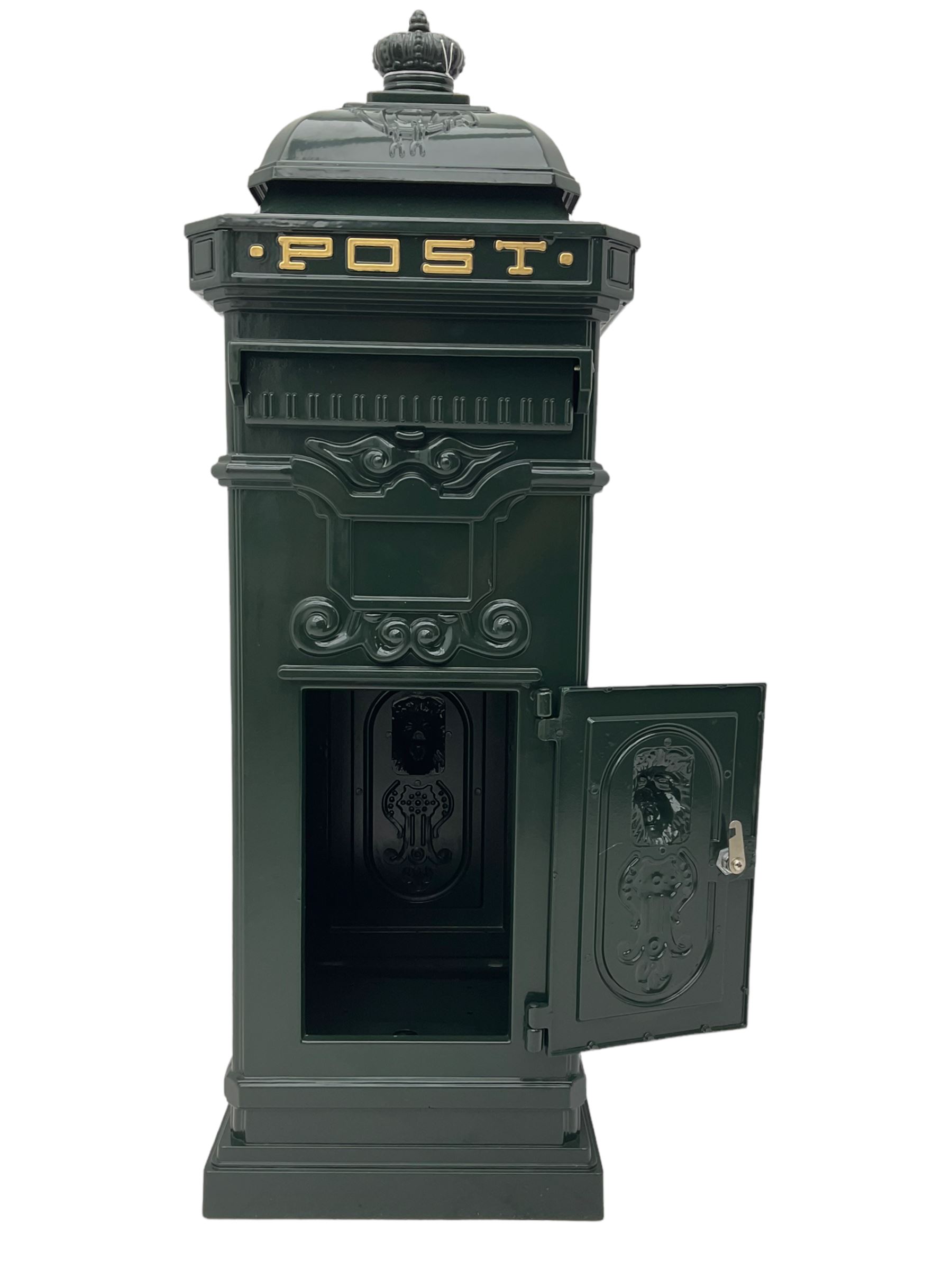 Victorian style cast aluminium green painted post / mail box, with keys

