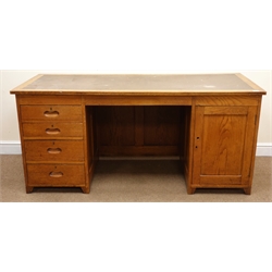  Early 20th century vintage oak twin pedestal office desk, leather inset top, panelled front, four graduating drawers, single cupboard door, stile supports, W167cm, H76cm, D71cm  
