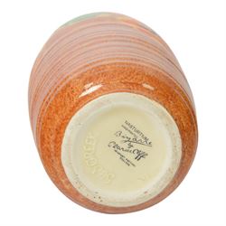 Clarice Cliff Nasturtium jug, shape Greek 563, hand painted with a band of stylised flowers and foliage over a stippled brown ground with orange and yellow banding to the spout,  Bizarre mark beneath, H23cm