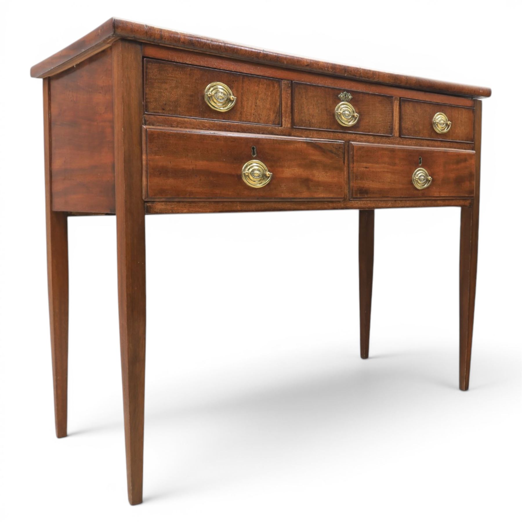 Georgian mahogany side table fitted with drawers, rectangular top over five drawers with brass handles, raised on tapering square supports