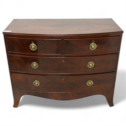 Early 19th century mahogany bow front chest, with two short over two long drawers, cockbea...