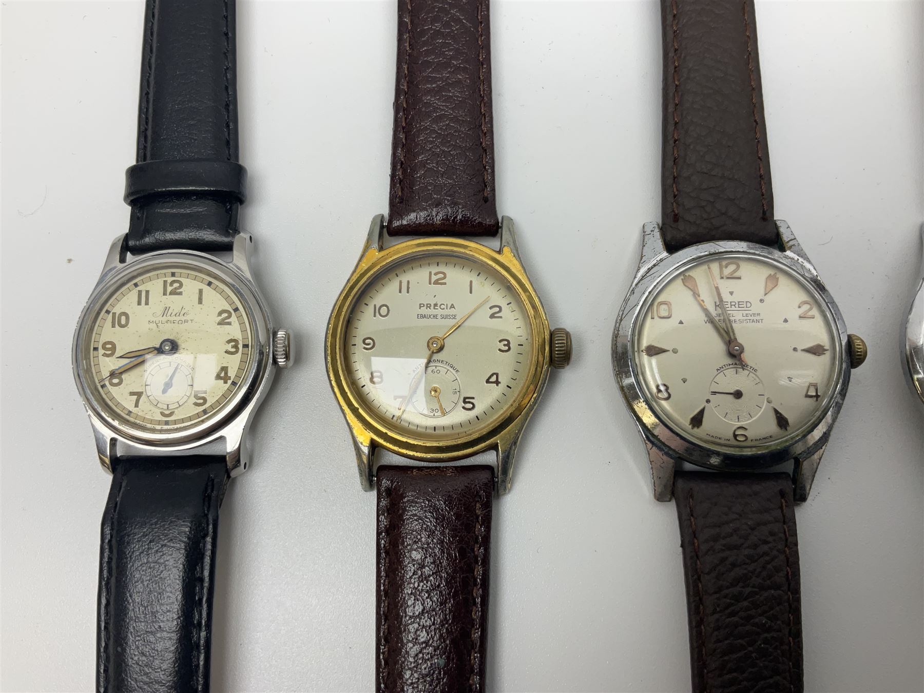 Seven manual wind wristwatches including Audax, Kered, Lanco, Rotary, MonVis, Precia and Mido Multifort, all with subsidiary seconds dials (7) 