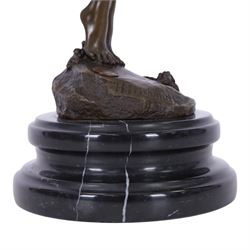 After H Fishmuth; Bronze figure of a nude female holding a vine, with foundry mark on socle base, H38cm