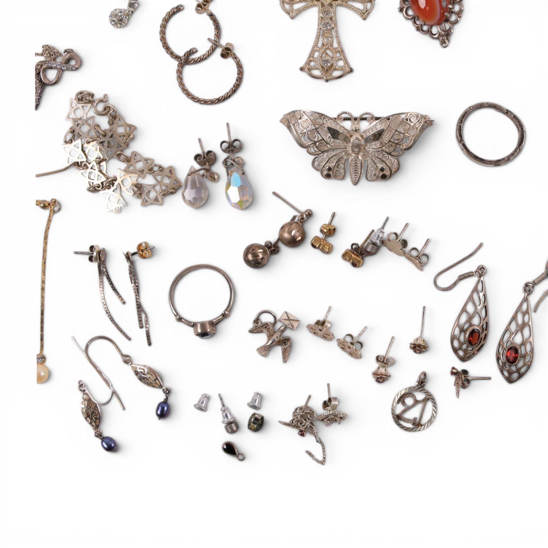 Silver and costume jewellery, including bracelet, necklaces, chains, earrings, brooch, ring, etc, together with a George III 1816 silver shilling and a King George V 1919 silver sixpence
