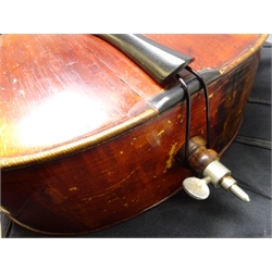 Mid-19th century German cello with 74cm two-piece maple back and ribs and spruce top, L121cm, in soft carrying case  
