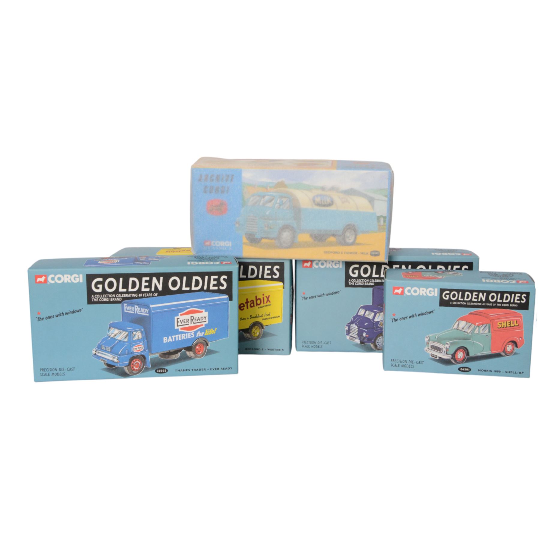 Twelve Corgi Golden Oldies 40th Anniversary Edition diescast models, including 19302 Bedford S Weetabix, 05601 Bedford CA Kodak, 19303 Thames Trader Heinz, 30301 Thames Trader Slumberland, 19301 Bedford S Lyons, 30302 Thames Trader Ever Ready and 30303 Bedford S Spratts, together with five Corgi Archive diecast models, all boxed (17)