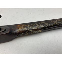 Reproduction flintlock pistol, the full walnut stock with brass filigree inlay and mounts and skull crusher butt L46cm; no visible proof marks FIREARMS CERTIFICATE REQUIRED OR RFD