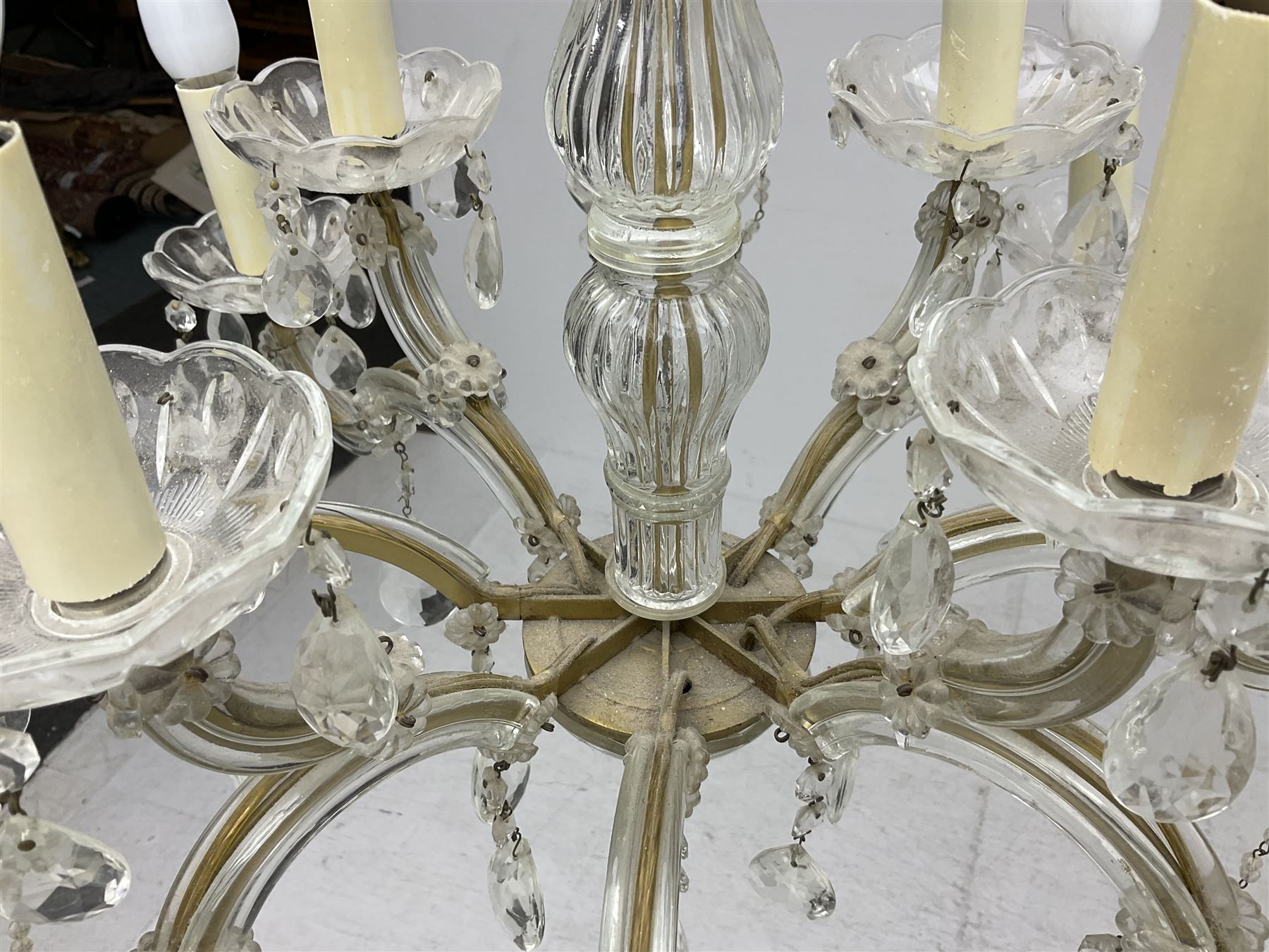 Victorian style glass eight branch chandelier, with drip trays, brass tone support, and drops