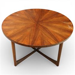 McIntosh of Kirkcaldy - Mid 20th century circular teak coffee table, circular top with book-matched radial veneers forming a starburst pattern and plain edge, raised on four tapered supports united by a shaped stretcher frame