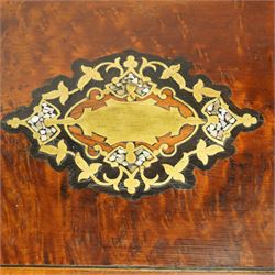 19th century French Boulle-style cave à liqueur or travelling decanter set, with musical mechanism playing carrara bonne de ay and Locked in the old Kent Road, the walnut box of serpentine front, the hinged lid with central brass and mother of pearl cartouche, with removable wooden tiered tray with gilt metal handle, containing four foliate etched glass decanters and sixteen glasses, H27cm