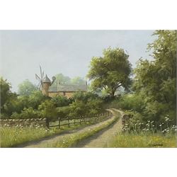 Thomas Leighton (British 20th century): Country Lane with Windmill, pastel signed together with after Graham Carver (British 20th century): 'Lengthening Shadows - Thorpe Wharfdale North Yorkshire', limited edition colour print signed titled and numbered 39/300, 32cm x 61cm (2)