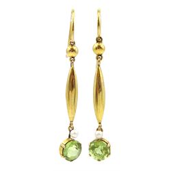 Pair of early 20th century peridot and pearl pendant earrings, stamped 9ct