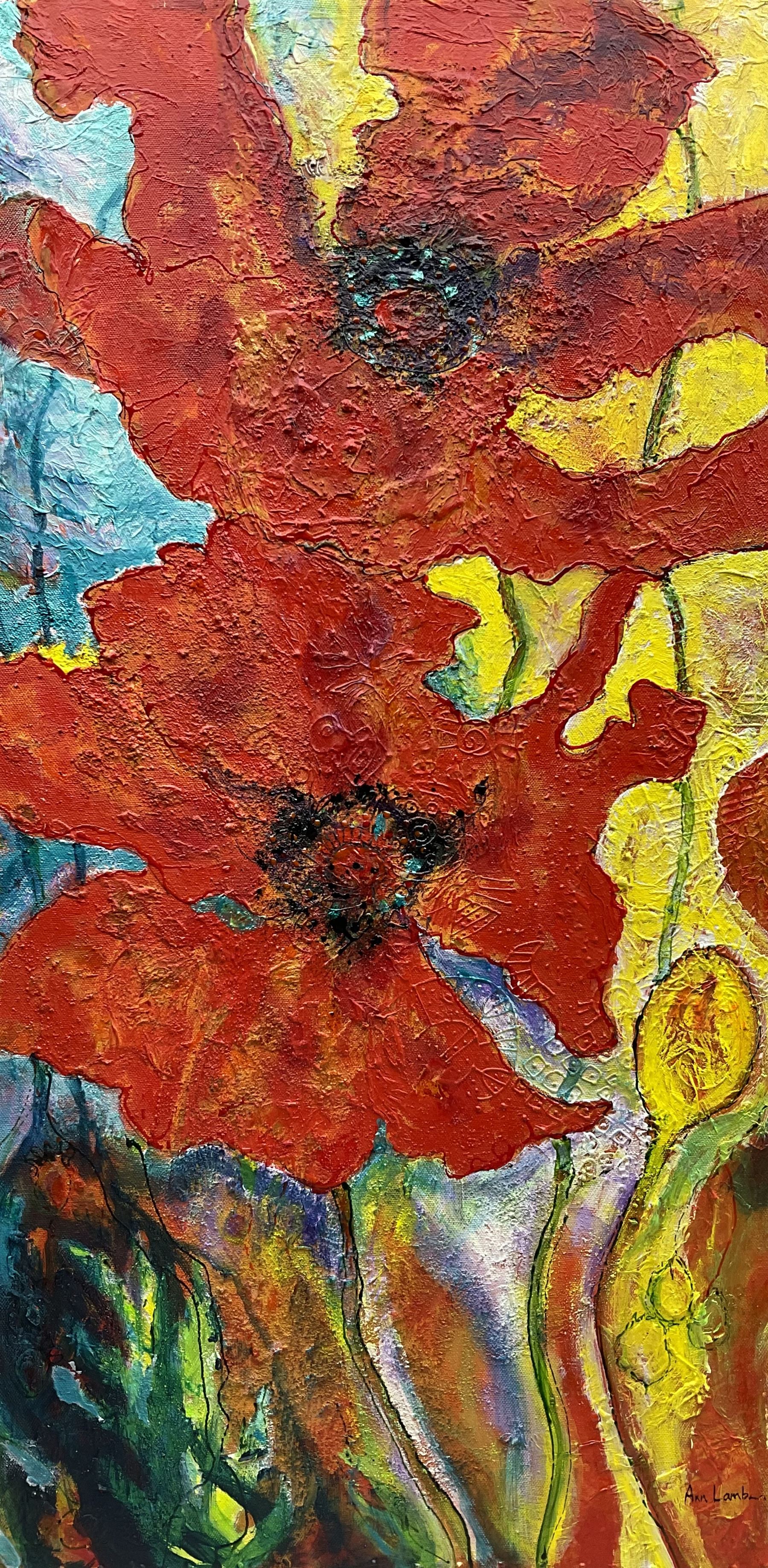Ann Lamb (British 1955-): 'Poppy Power', mixed media on canvas signed 80cm x 41cm (unframed)