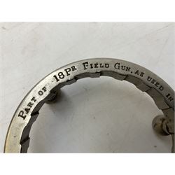 WW1 Trench Art - trivet on three ball feet formed from a section of a gun barrel inscribed 'Part of 18Pr Field Gun, as used in European War 1914.15.16.17.18.' D10cm