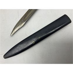 British No 7 MKI knife bayonet with 20cm single edged fullered clipped point blade;  blackened steel, large muzzle ring cross-guard; blackened swivelling pommel marked 'F5H'; red Tufnol composite grips; in blackened steel scabbard L33cm overall; British Pattern 1888 bayonet with scabbard; and German Ersatz bayonet with scabbard (3)