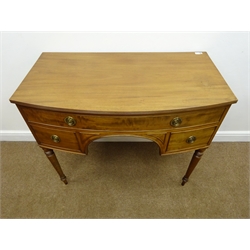  Regency mahogany bow front sideboard, moulded top, one short and two long drawers, turned supports, W96cm, H82cm, D51cm  